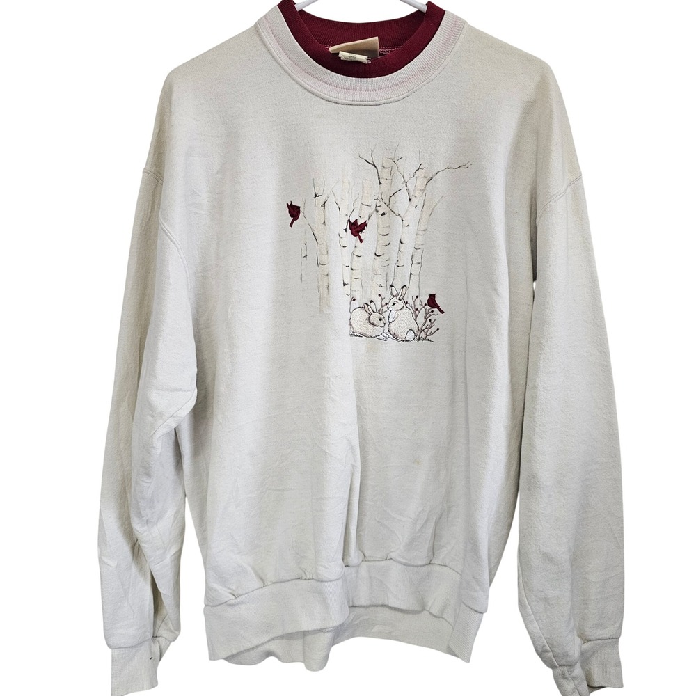 Vintage Top Stitch Morning Sun Sweatshirt Bunnies Cardinals Birch Tree Large